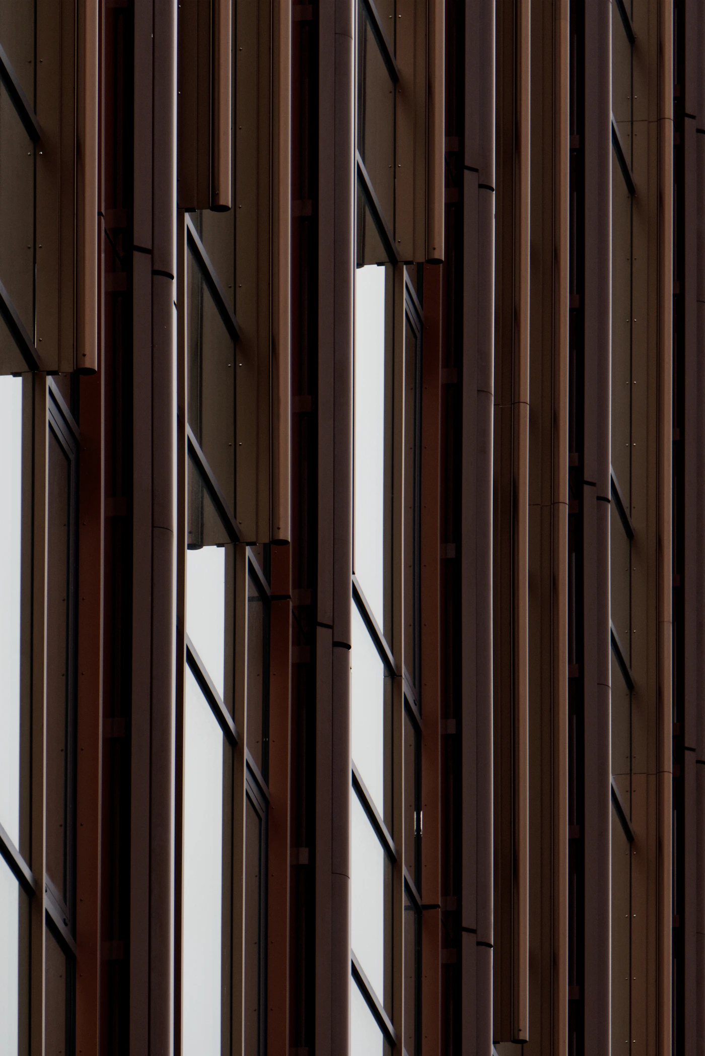 Close view of a dark timber facade with vertical fins, shadow gaps and glimpses of glazing